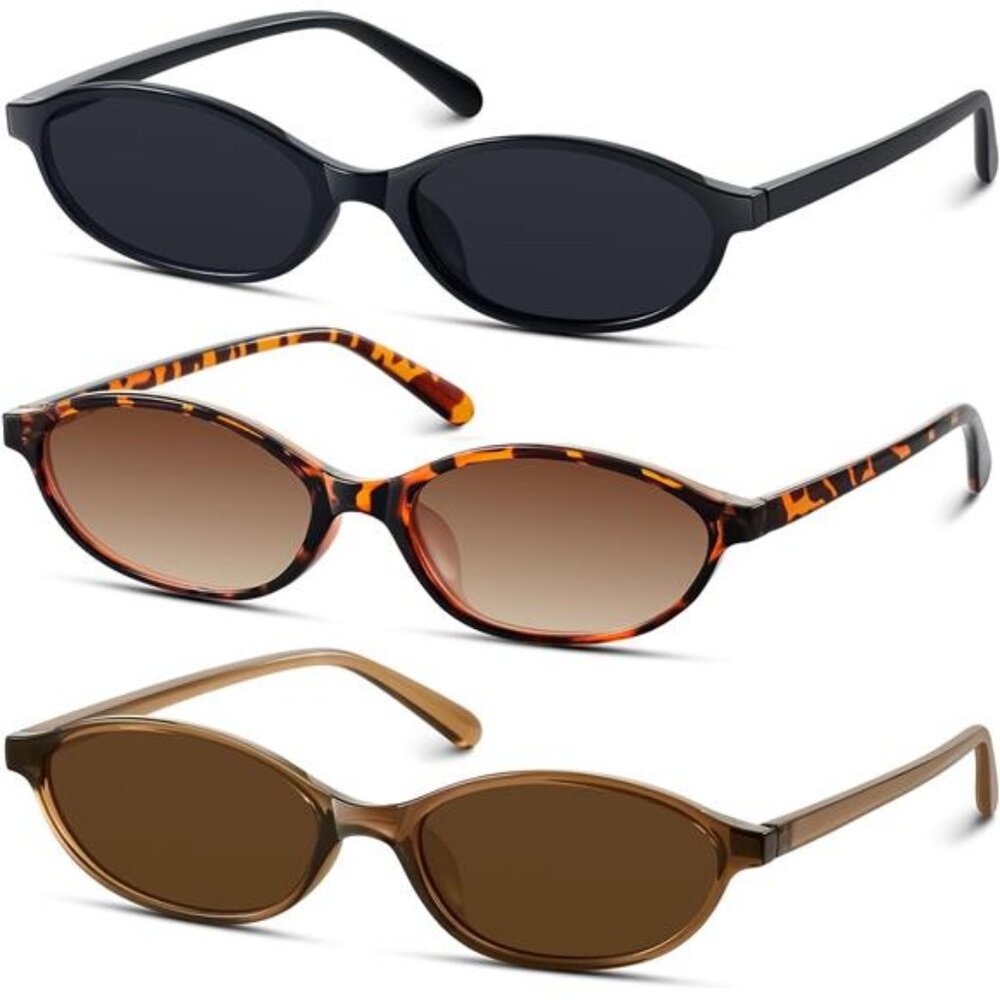 Retro Oval Sunglasses for Women 90s Design Small Cat‎ Eye Sun Glasses 3 Pack